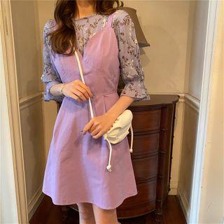 Elbow-sleeve Floral Print Blouse / A-line Pinafore Dress