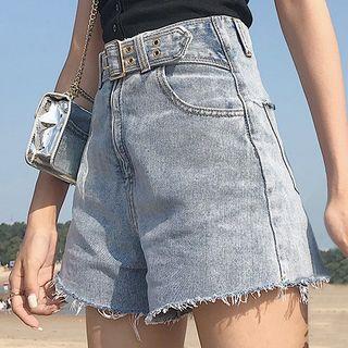High-waist Belted Denim Wide-leg Shorts