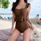 Plain Ruffle Trim Wide Strap Swimsuit