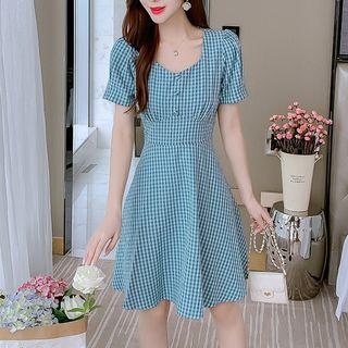 Short-sleeve Gingham Check A-line Dress