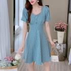 Short-sleeve Gingham Check A-line Dress