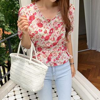 Tie-waist Floral Print Chiffon Blouse Ivory - One Size
