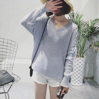Lace-up Shoulder V-neck Sweater