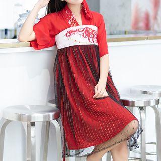 Set: Elbow-sleeve Embroidered A-line Dress + Midi Sheer Skirt + Sleeveless Top