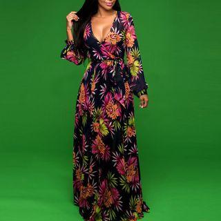 Long-sleeve V-neck Printed Maxi Dress