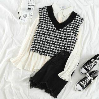 Ruched Long-sleeve Blouse / Houndstooth Knit Vest