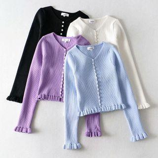 Ruffe Trim Button-up Knit Top