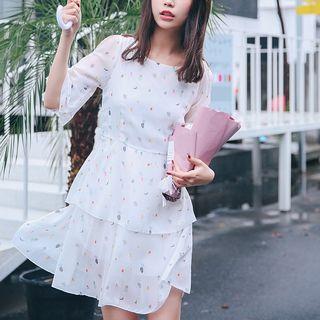 Elbow-sleeve Layered Printed Chiffon Dress
