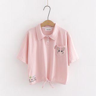 Short-sleeve Cat Embroidered Drawstring-hem Polo Shirt