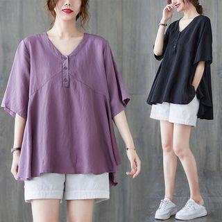 Elbow-sleeve V-neck Henley Blouse