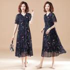 Butterfly Print Short-sleeve Midi A-line Dress