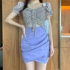 Floral Puff-sleeve Top / A-line Skirt