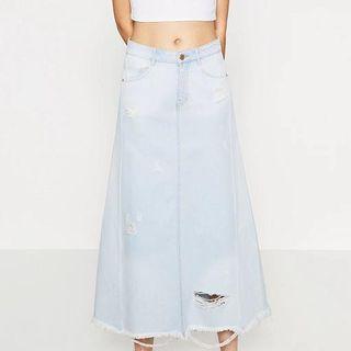 Distressed Denim Long Skirt