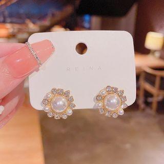 Faux Pearl Rhinestone Alloy Earring A432 - 1 Pair - Gold - One Size