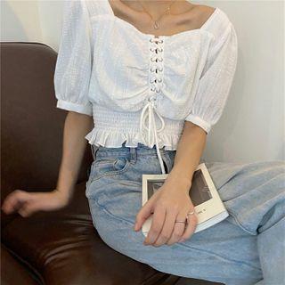 Plain Short-sleeve Lace-up Blouse White - One Size