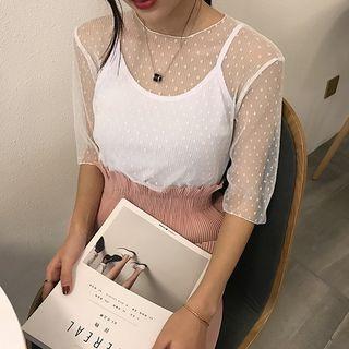 Plain High Waist Midi Skirt / Set: Dotted Mesh Elbow Sleeve Top + Camisole Top
