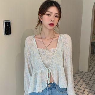 Set: Ruffle Trim Floral Cropped Camisole Top + Long-sleeve Tie-strap Cardigan Light Green - One Size