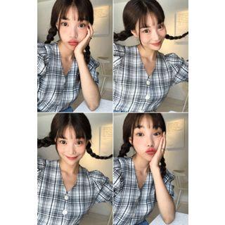 Puff-sleeve Checked Linen Blouse