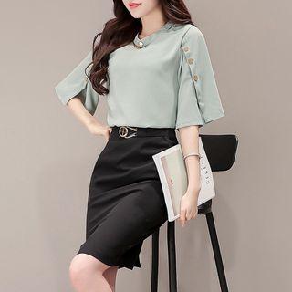 Set: Buttoned Elbow-sleeve Top + Pencil Skirt