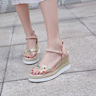 Clear Panel Beaded Wedge Platform Espadrille Sandals