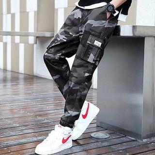 Drawstring Double-breasted Camo Cargo Pants