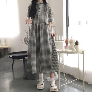 Elbow-sleeve Collared Plaid Midi Dress
