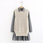 Set: Plain Sweater Vest + Stripe Ruffle-hem Shirt Dress