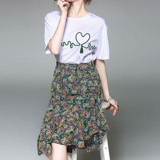 Set: Embroidered Elbow-sleeve T-shirt + Asymmetric Midi Skirt