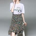 Set: Embroidered Elbow-sleeve T-shirt + Asymmetric Midi Skirt