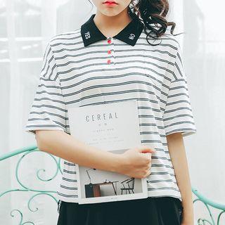 Striped Short Sleeve Polo Shirt / Lettering Suspender Skirt