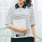 Striped Short Sleeve Polo Shirt / Lettering Suspender Skirt