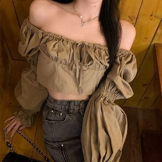 Puff-sleeve Off Shoulder Blouse Khaki - One Size