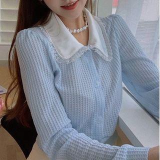 Long-sleeve Button-up Lace Trim Blouse