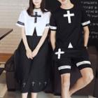 Women Set: Cross Print T-shirt + A-line Skirt / Men Set: T-shirt + Shorts
