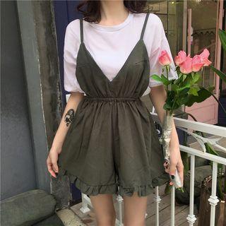 Set: Short-sleeve Top + Spaghetti Strap Wide-leg Playsuit
