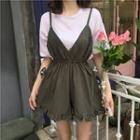 Set: Short-sleeve Top + Spaghetti Strap Wide-leg Playsuit