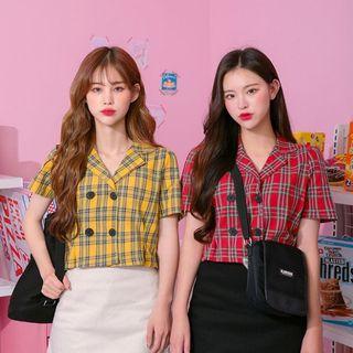 Double-breasted Cropped Plaid Blouse