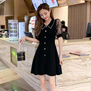 Collared Faux Pearl Short-sleeve A-line Dress Black - One Size