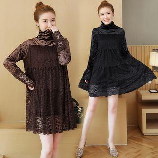 Lace Turtleneck Long-sleeve Shift Dress