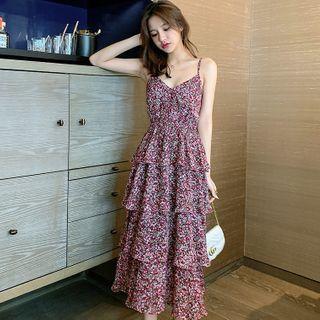 Spaghetti Strap Floral Print Tiered Chiffon Maxi Dress