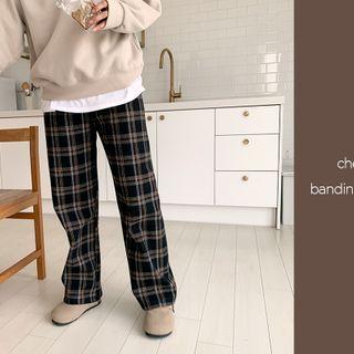 Band-waist Plaid Straight Pants