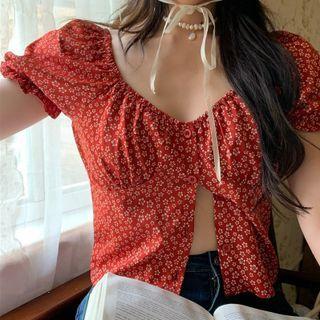 Short-sleeve Off-shoulder Lace Trim Crop Top Red - One Size