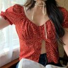 Short-sleeve Off-shoulder Lace Trim Crop Top Red - One Size