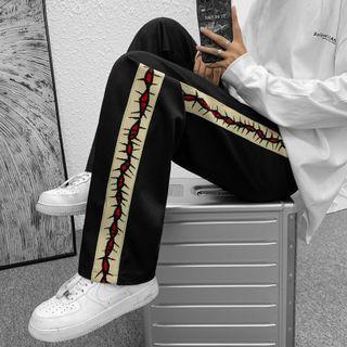 Pattern Trim Drawstring Waist Wide Leg Pants