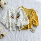 Flower Embroidered Eyelet Lace Elbow-sleeve Blouse