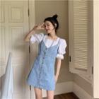 Bell-sleeve Lace Trim Blouse / Denim Mini A-line Overall Dress