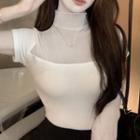 Short-sleeve High Neck Mesh Panel T-shirt