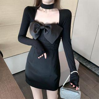 Long-sleeve Bow Front Mini Dress