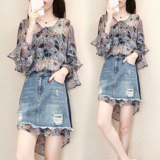 Set: Floral Chiffon Mini Dress + Denim Mini A-line Skirt