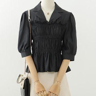 Elbow-sleeve Notch Lapel Crinkle Blouse